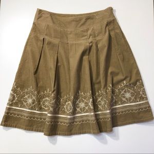 LOFT Tan Corduroy Embroidered Pleated Skirt